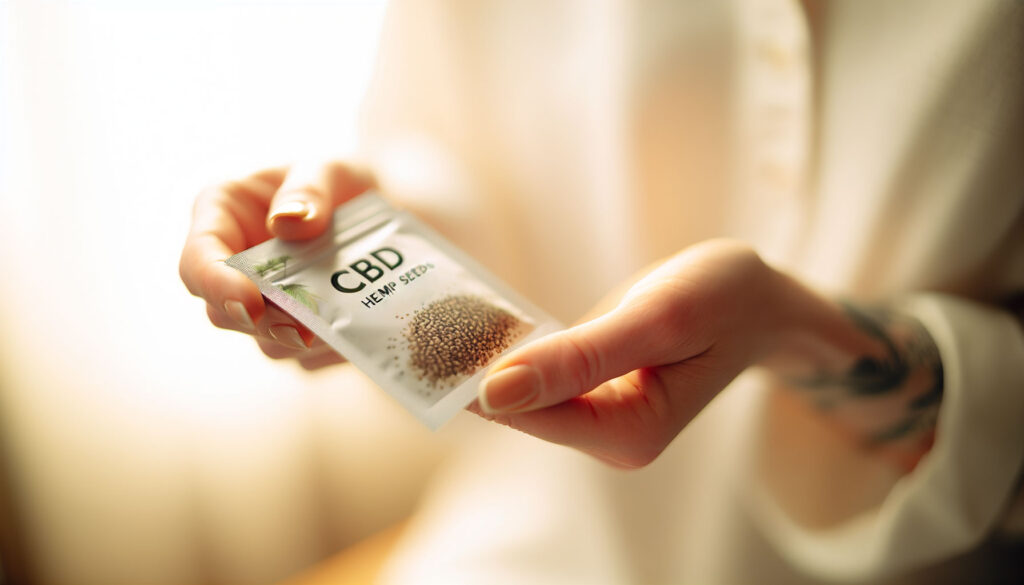 A hand holds a hemp seed packet with CBD labeling