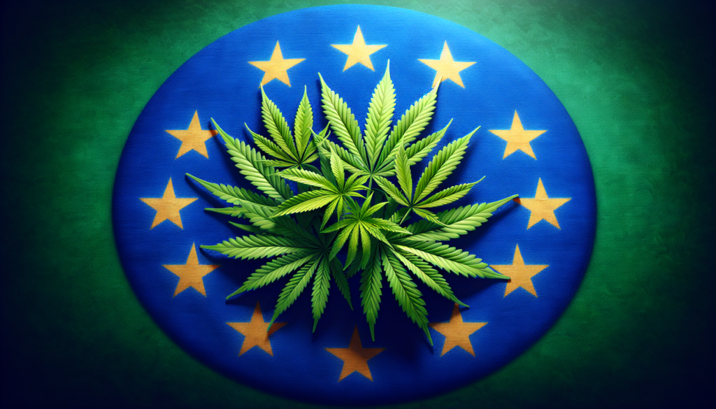 Graphic representation of cannabis leaves and EU flag