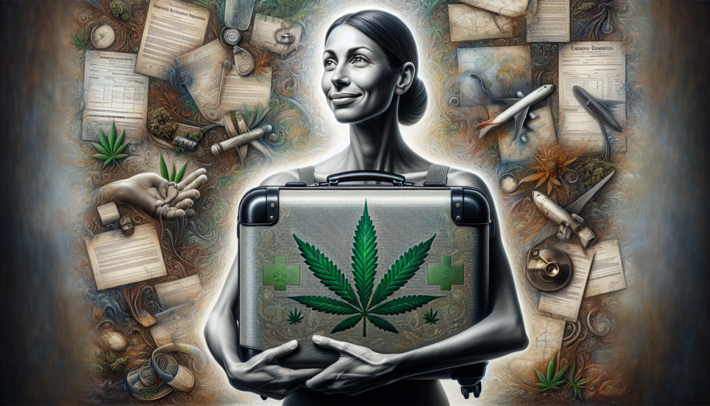 Künstlerische Darstellung eines medizinischen Cannabispatienten mit Reisegepäck