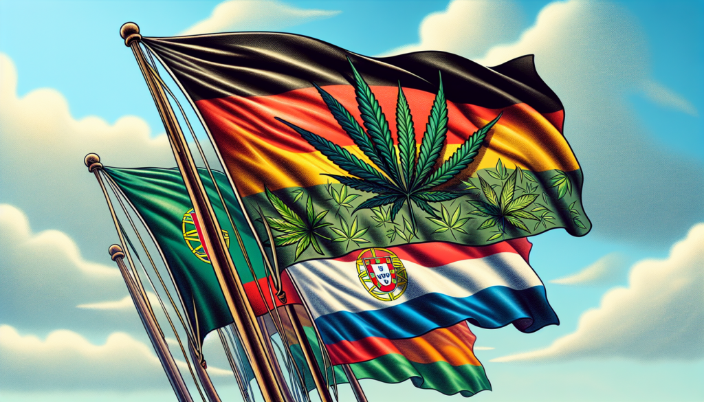 Illustration von Flaggen verschiedener Länder mit Cannabisblättern