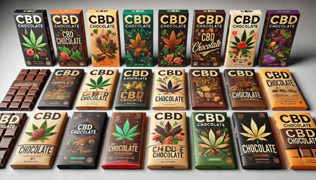 Different varieties of CBD chocolates in packaging
