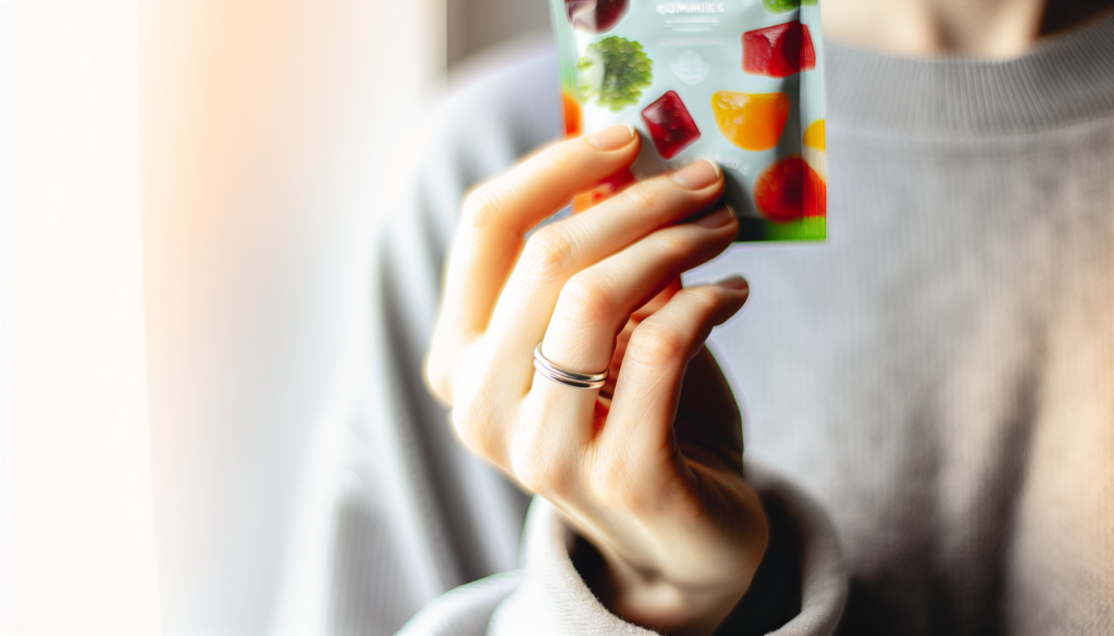 One hand holds a pack of CBD gummies on the go