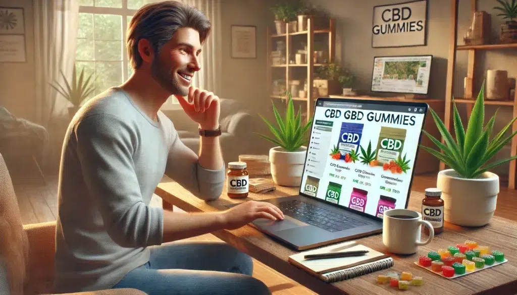 Eine Person kauft CBD-Fruchtgummis in einem Online-Shop